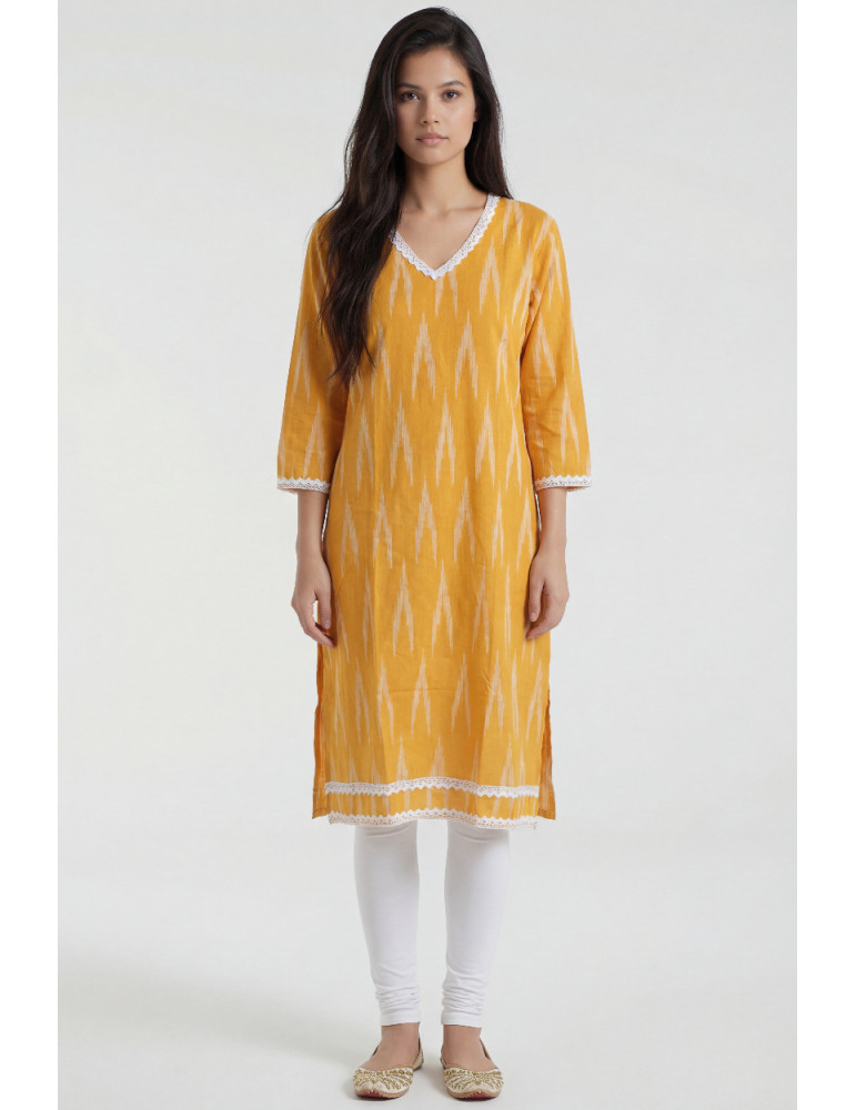 Women Mustard Yellow Cotton Ikat Kurta