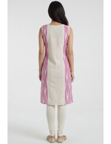 Women Blush Pink Cotton Ikat Contrast Panel Kurta