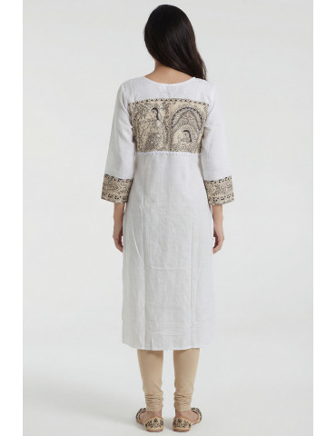 Women White Beige Cotton Madhubani Contrast Panel Kurta