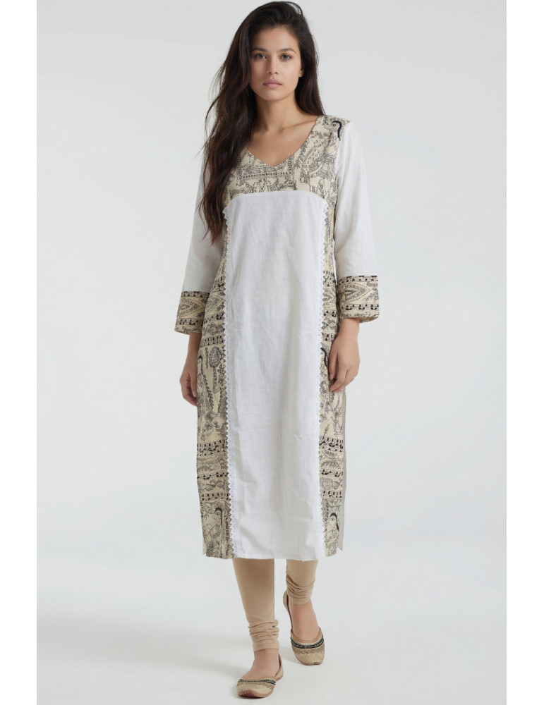 Women White Beige Cotton Madhubani Contrast Panel Kurta