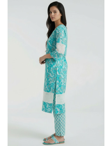 Women Teal Blue White Cotton Floral Suit Set