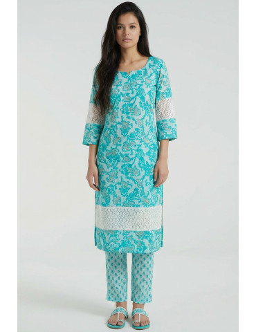 Women Teal Blue White Cotton Floral Suit Set
