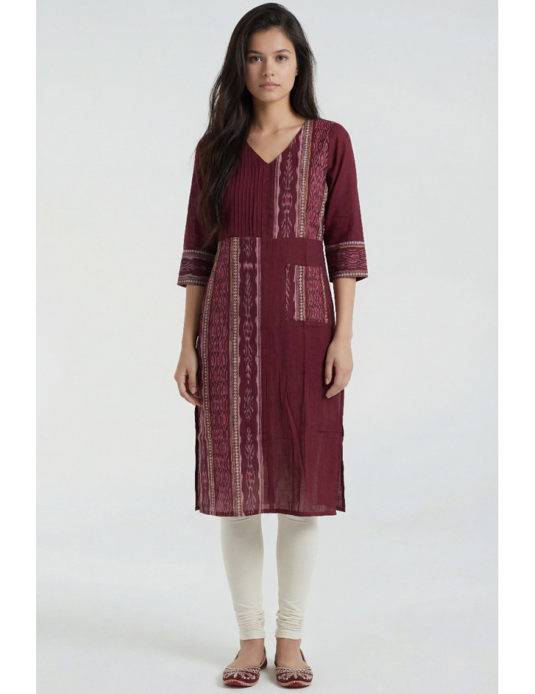 Women Maroon Cotton Sambalpuri Handloom Kurta