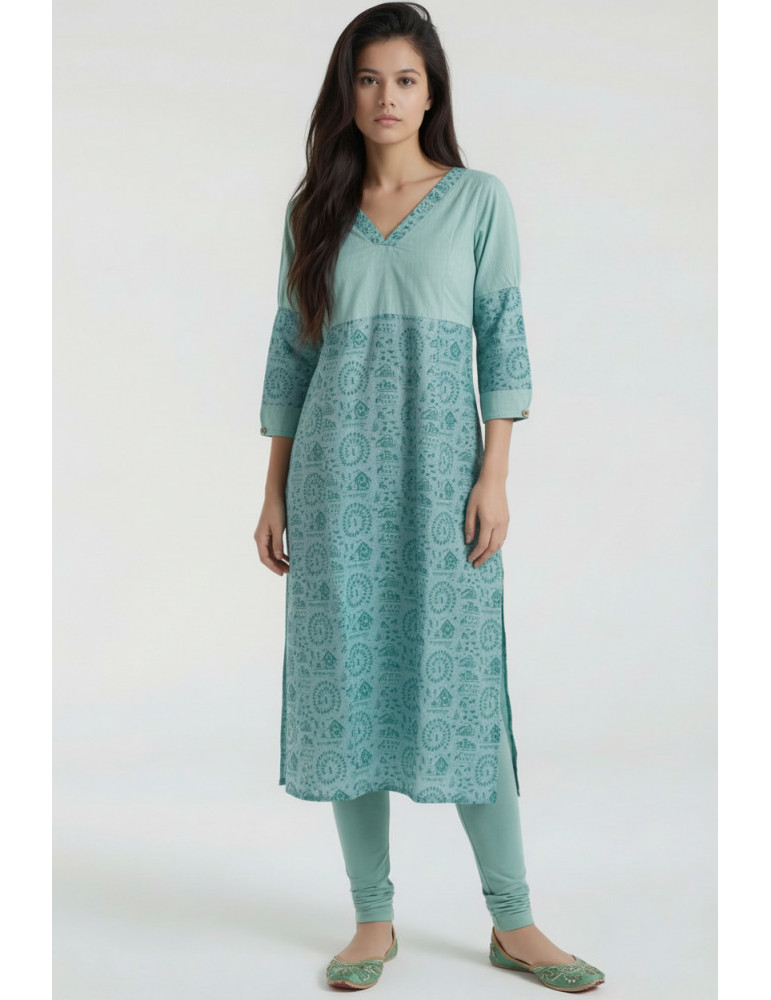 Women Teal Cotton Tribal Printed Kurta