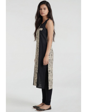 Women Black Beige Cotton Kalamkari Hand Block Kurta