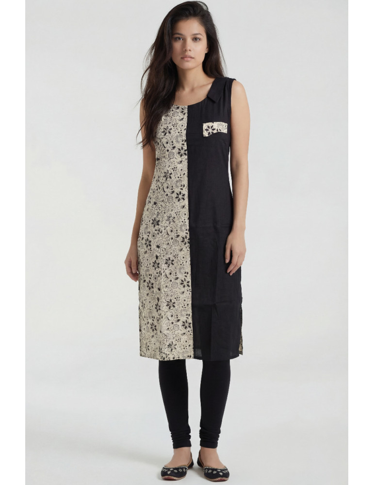 Women Black Beige Cotton Kalamkari Hand Block Kurta