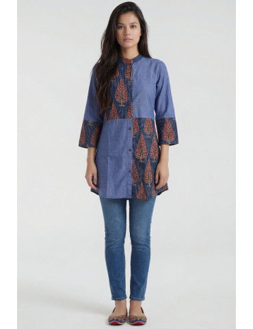 Women Denim Blue Cotton Katha Work   Short Kurta