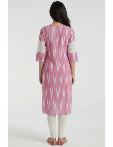 Women Rose Pink Off White Cotton Ikat Kurta