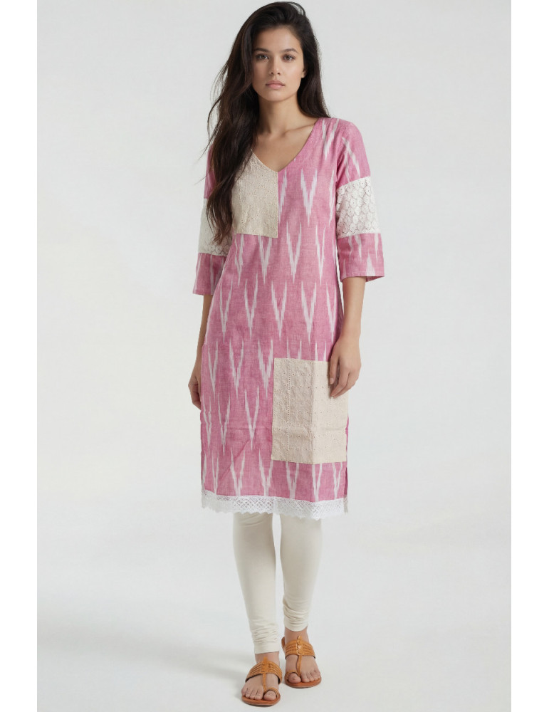 Women Rose Pink Off White Cotton Ikat Kurta
