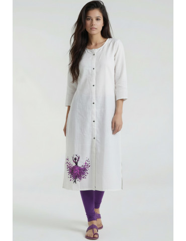 Women White Cotton Hand Painted Kurta
