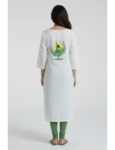 Women White Cotton Hand Painted Kurta