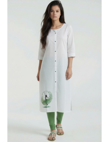 Women White Cotton Hand Painted Kurta