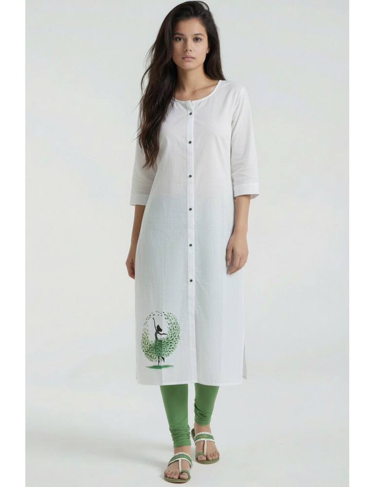 Women White Cotton Hand Painted Kurta
