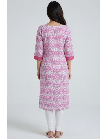 Women Pink White Cotton Floral Kurta