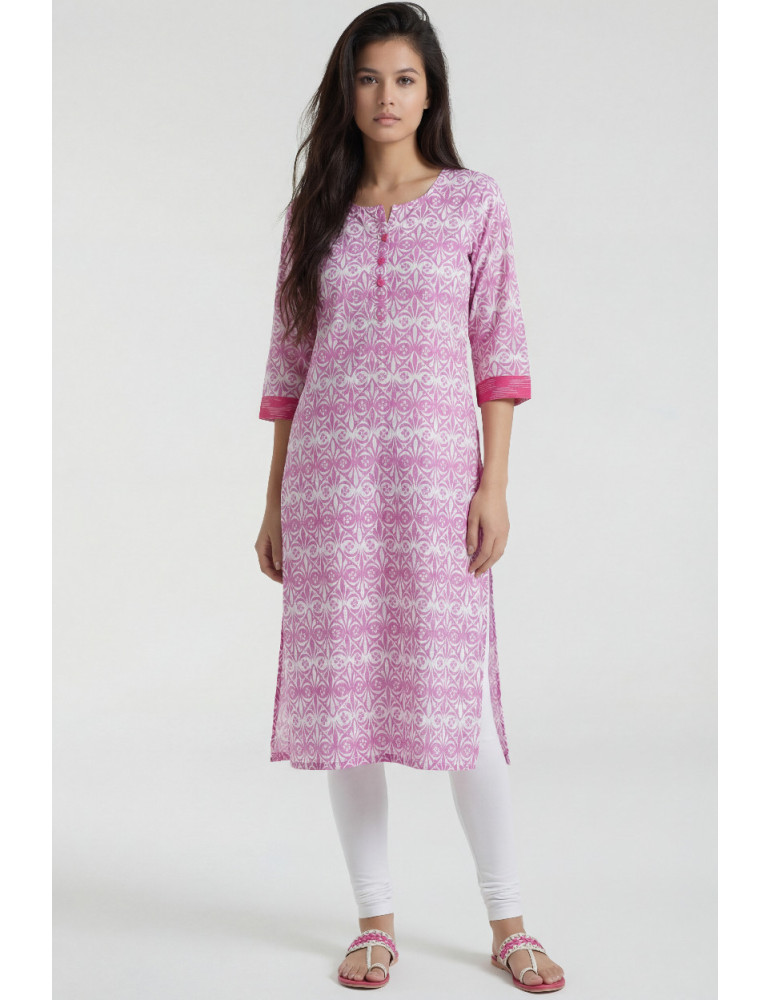 Women Pink White Cotton Floral Kurta