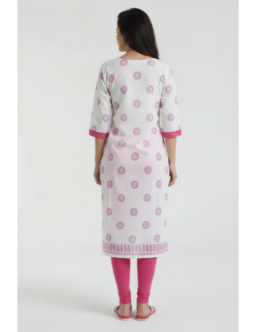 Women Pink White Cotton Floral Kurta
