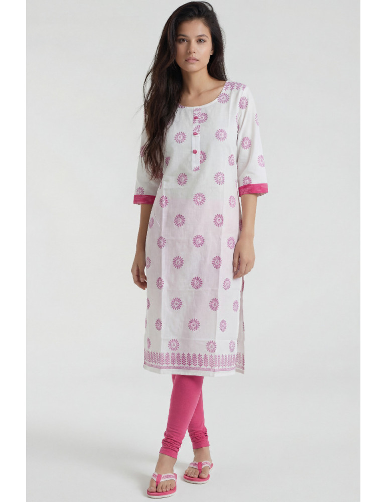 Women Pink White Cotton Floral Kurta