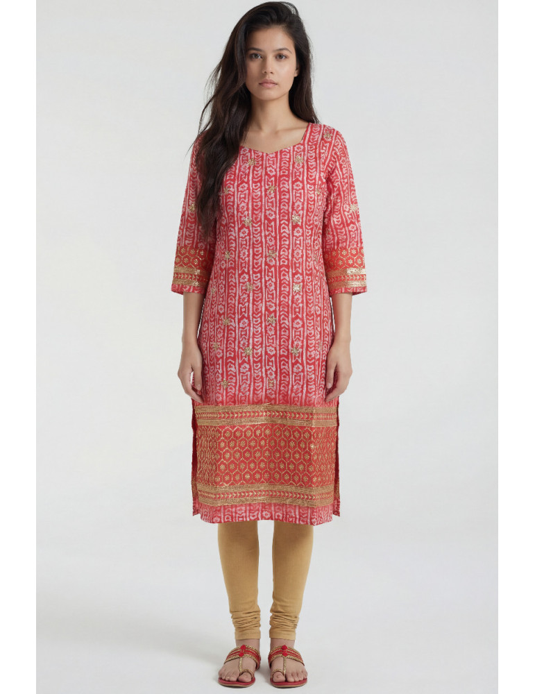 Women Red Chinon Floral Kurta