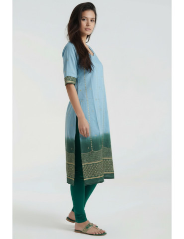 Women Teal Chinon Geometric Kurta