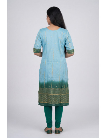 Women Teal Chinon Geometric Kurta