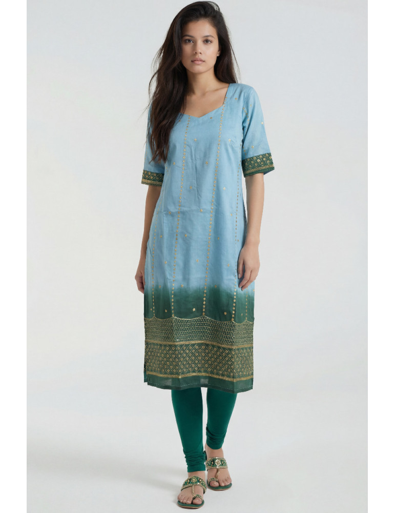 Women Teal Chinon Geometric Kurta