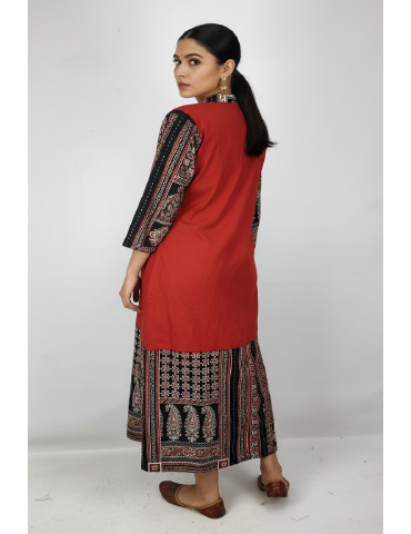 Women Maroon Black Ajrakh Printed Floral Contrast Panel Gown