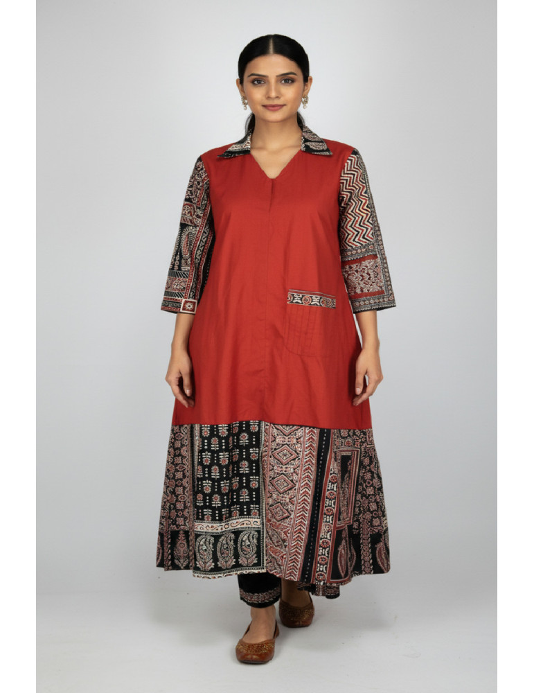 Women Maroon Black Ajrakh Printed Floral Contrast Panel Gown