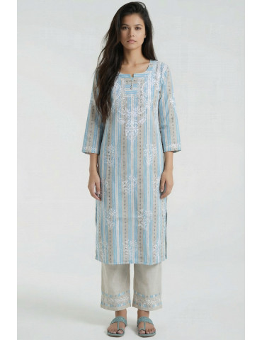Women Sky Blue Cotton Embroidery Suit set