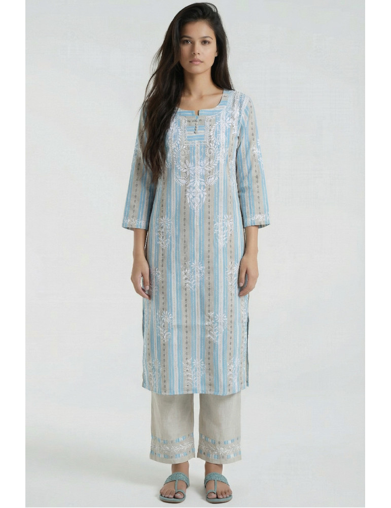 Women Sky Blue Cotton Embroidery Suit set