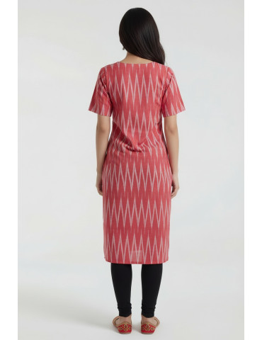 Women Red Off White Cotton Ikat vertical Long Kurta