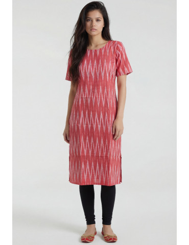 Women Red Off White Cotton Ikat vertical Long Kurta