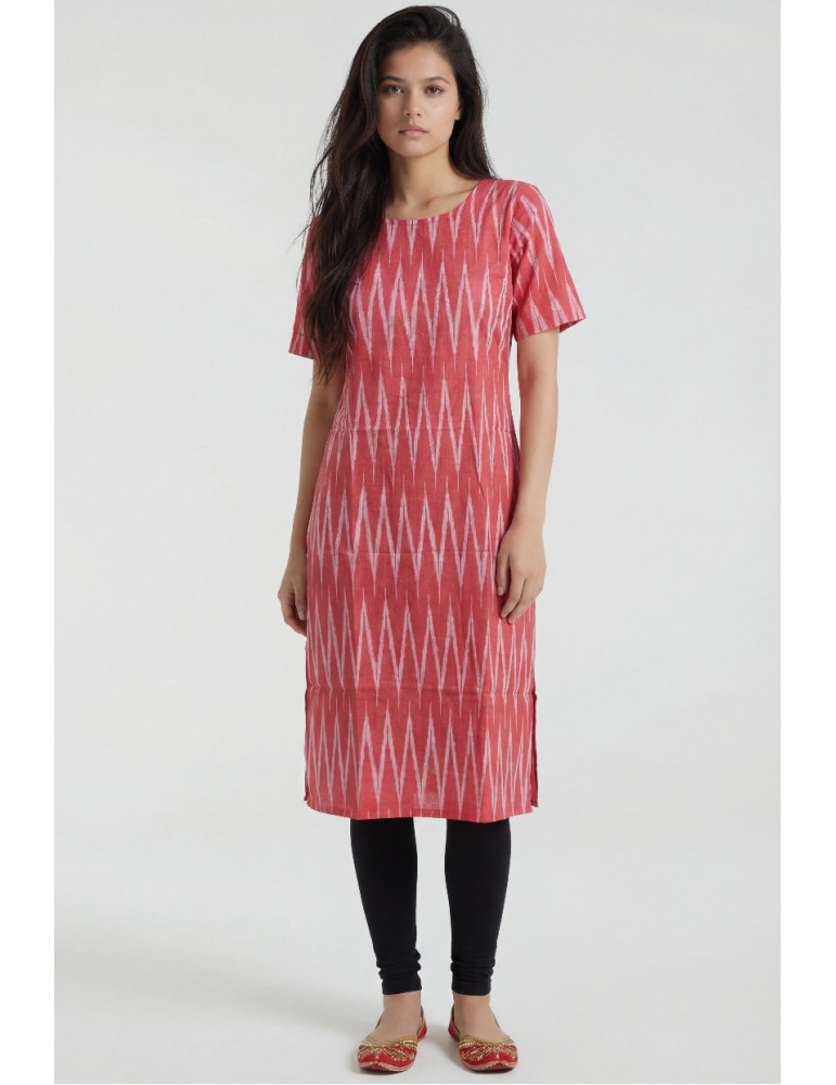 Women Red Off White Cotton Ikat vertical Long Kurta