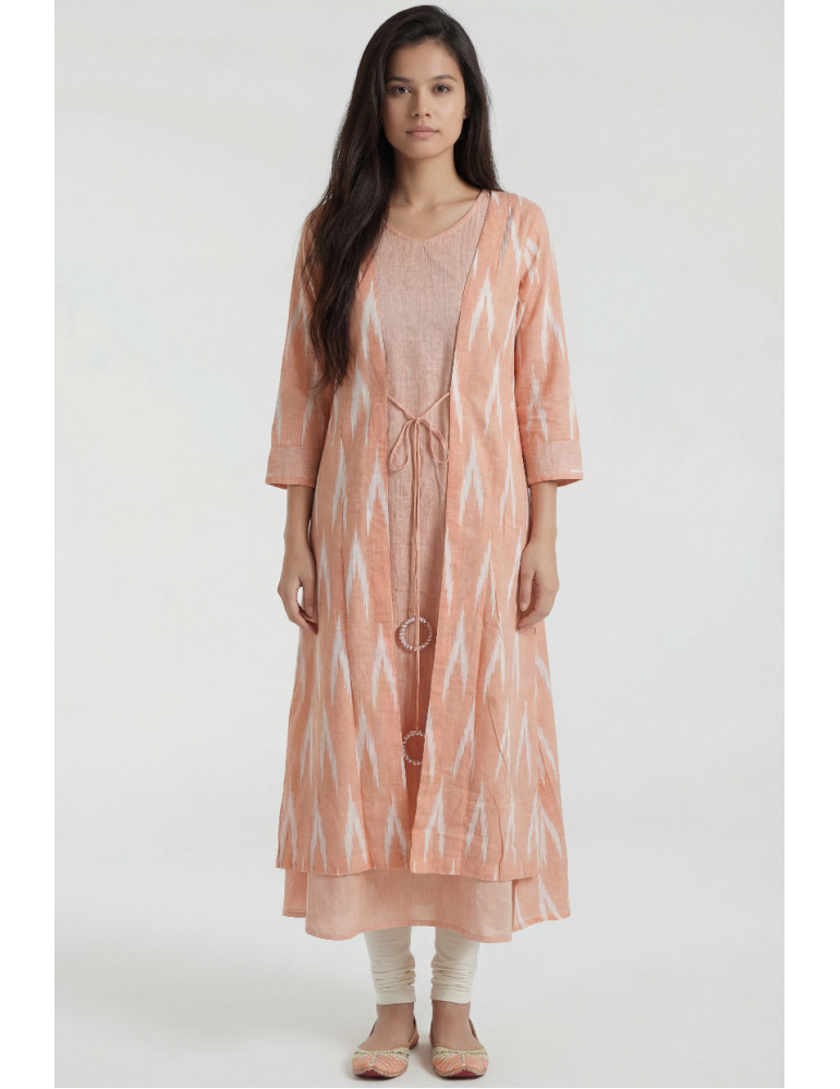 Women Peach Cotton Ikat vertical Gown