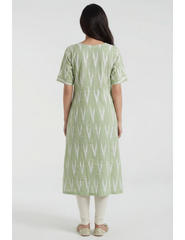 Women Sage Green Cotton Ikat Geometric Kurta