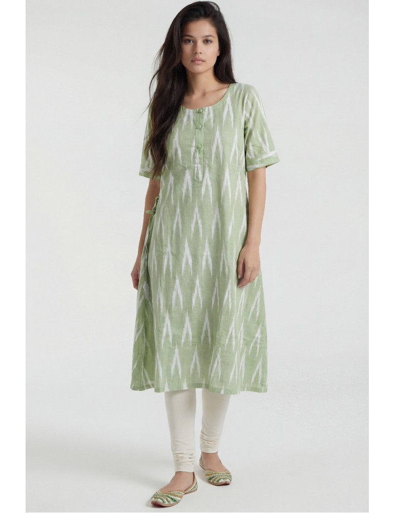 Women Sage Green Cotton Ikat Geometric Kurta