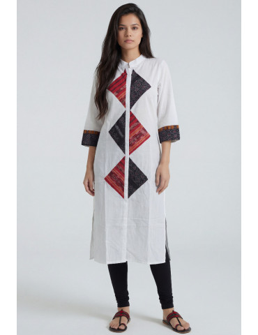 Women Off-White Maroon Black Cotton Sambalpuri Handloom diamond patchwork Long Kurta