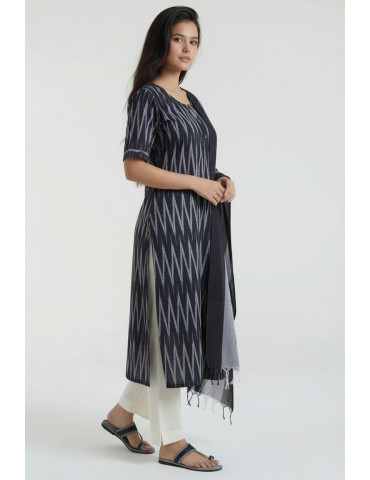 Women Black Gray Cotton Ikat kurta with dupatta