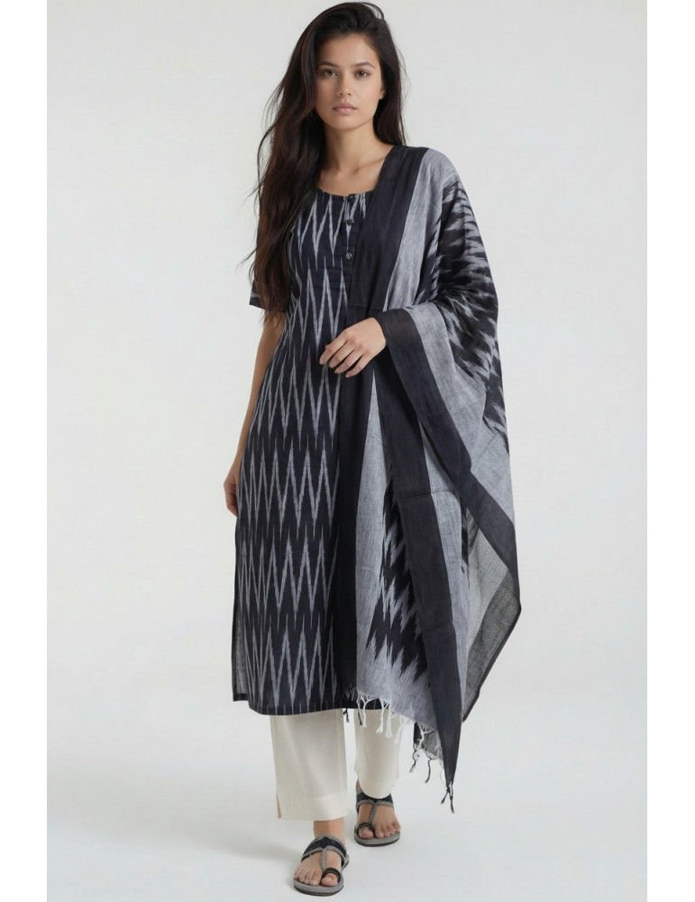 Women Black Gray Cotton Ikat kurta with dupatta