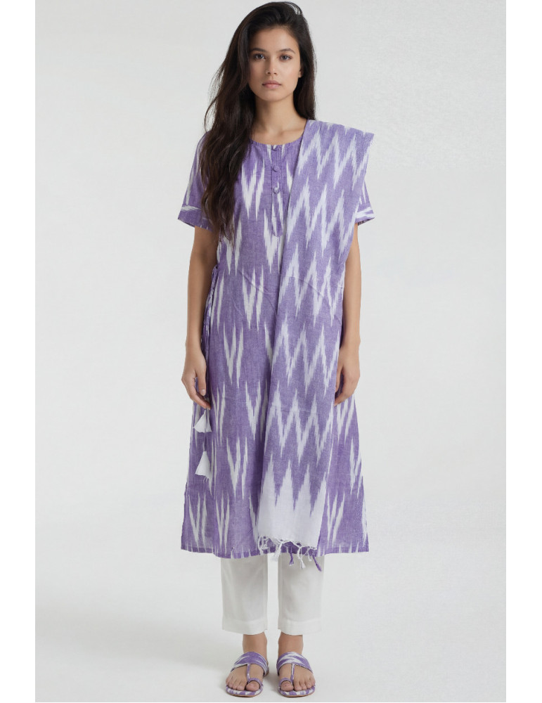 Women Lavender Off White Cotton Ikat Geometric kurta with dupatta