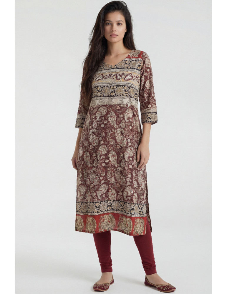 Women maroon base multicolor Kalamkari Fabric Kurta