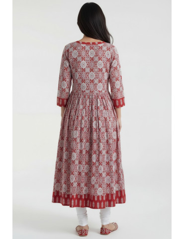 Women Brick Red Off White Cotton Floral Long Kurta