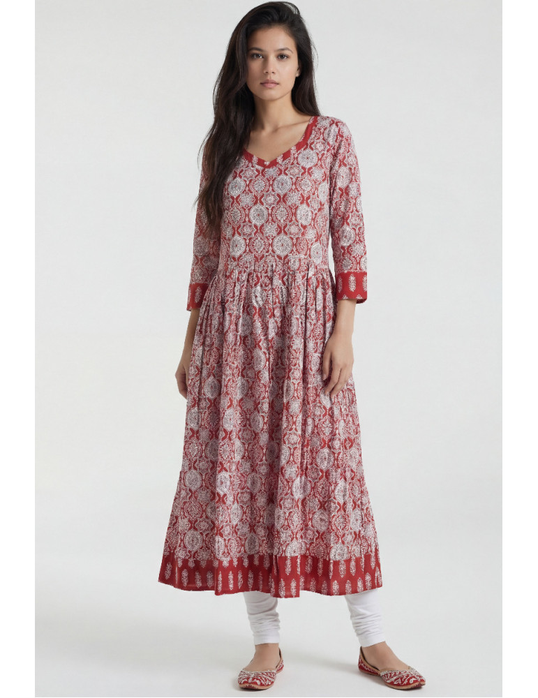 Women Brick Red Off White Cotton Floral Long Kurta