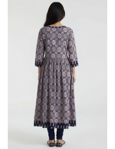 Women Navy Blue Cotton Floral Long Kurta