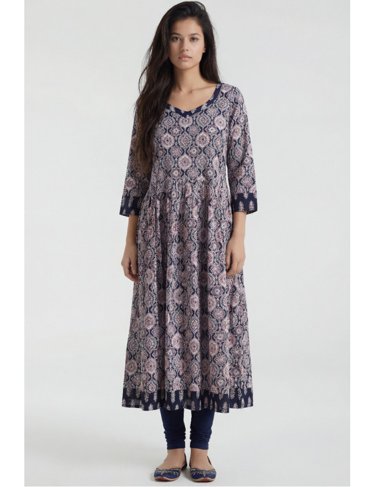 Women Navy Blue Cotton Floral Long Kurta