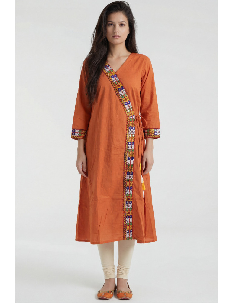 Women Rust Orange multicolor Cotton Angrakha Long Kurta