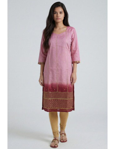 Women Dusty pink Maroon Chanderi Long Kurta