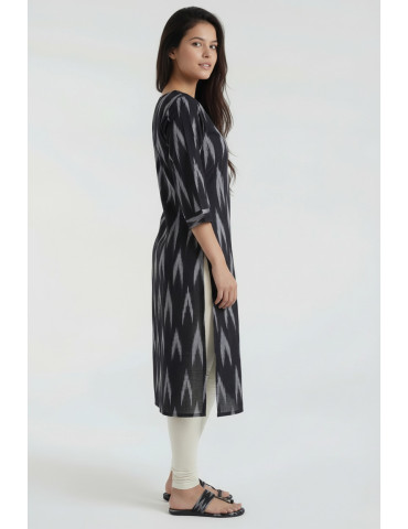 Women Black Gray Cotton Ikat Kurta