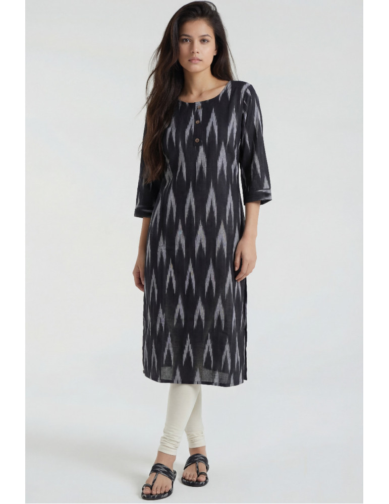 Women Black Gray Cotton Ikat Kurta