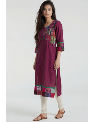 Women Magenta Multicolor Cotton Solid with patchwork Kurta