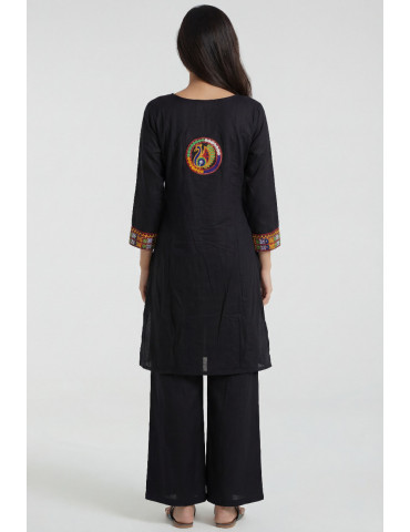 Women Black Multicolor Cotton Angrakha Kurta